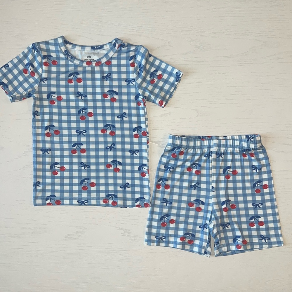 Little Joy Co Cherry Gingham Bows Bamboo Shorts Pajama Set 4T 5 6